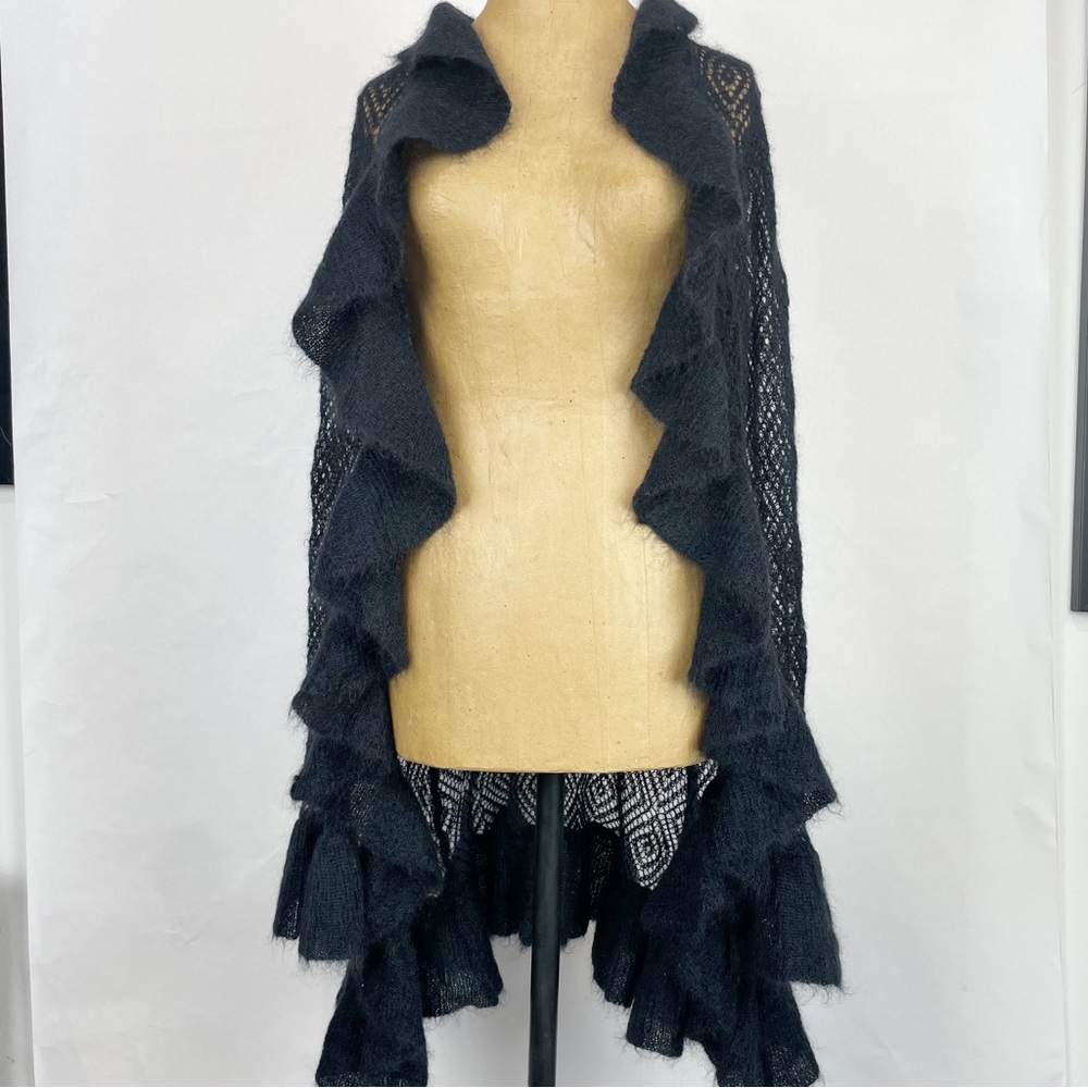 DIANE VON FURSTENBERG Open Front Ruffled Open Weave Knit Cardigan Duster Size S